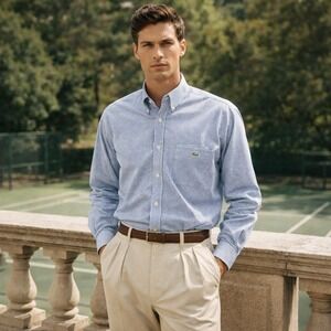 VTG 90s Lacoste Gingham Shirt Made in Hong Kong 40 M Blue White Check 22 P2P